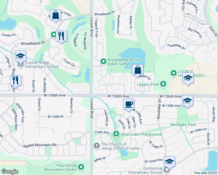 map of restaurants, bars, coffee shops, grocery stores, and more near 3370 Boulder Circle in Broomfield