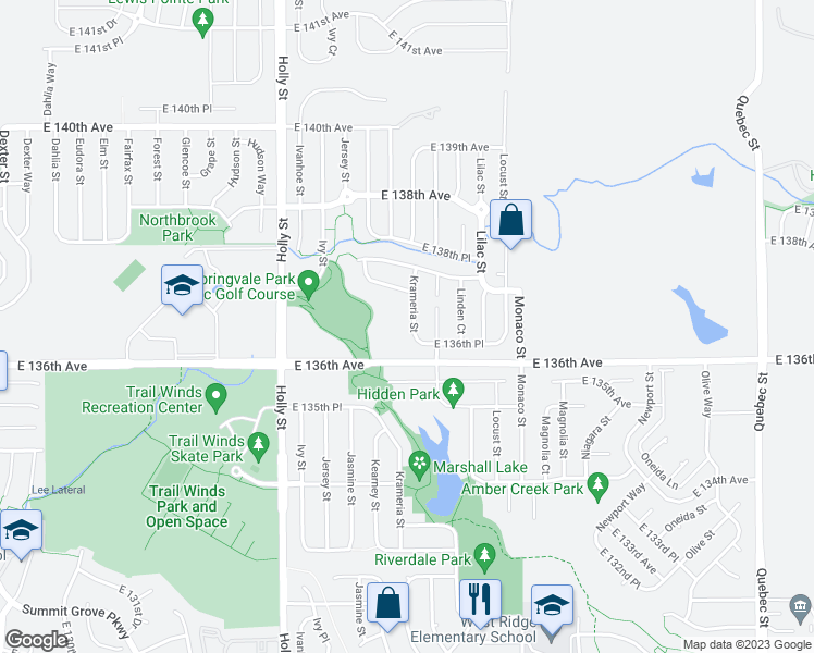 map of restaurants, bars, coffee shops, grocery stores, and more near 13637 Krameria Street in Thornton