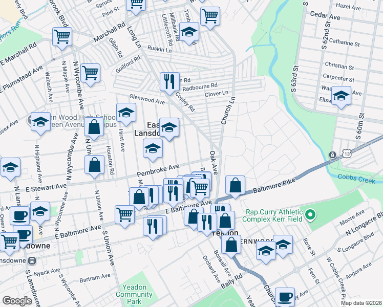 map of restaurants, bars, coffee shops, grocery stores, and more near 909 Pembroke Avenue in Lansdowne