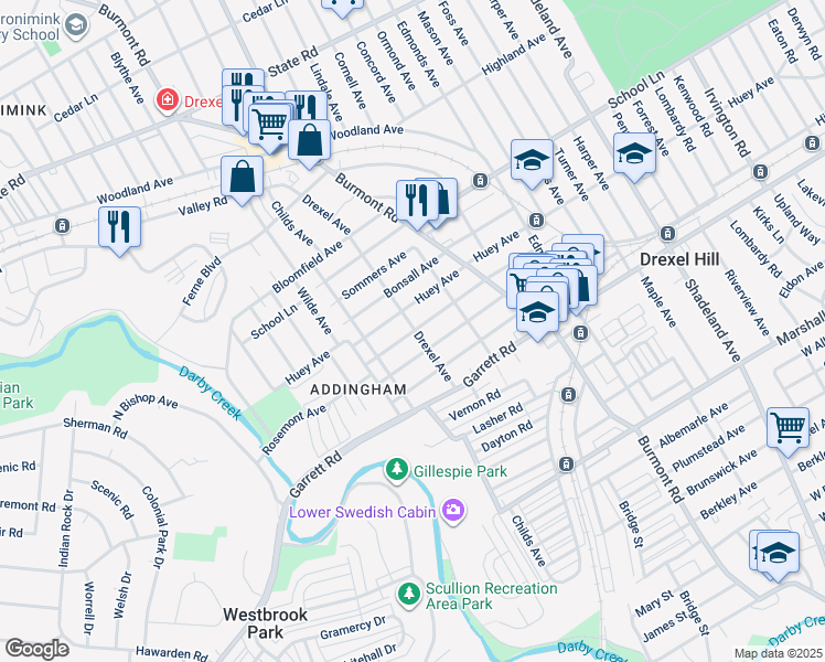 map of restaurants, bars, coffee shops, grocery stores, and more near 4102 Taylor Ave in Drexel Hill
