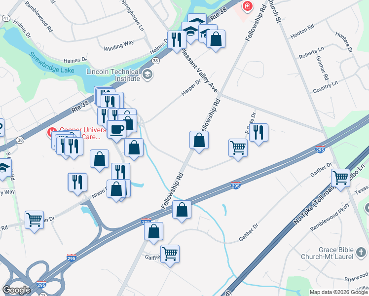 map of restaurants, bars, coffee shops, grocery stores, and more near 309 Fellowship Road in Mount Laurel