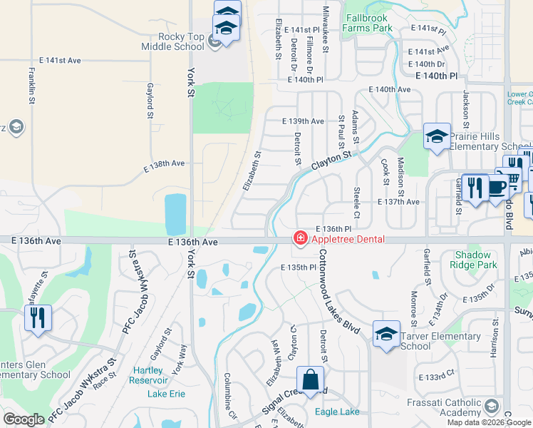 map of restaurants, bars, coffee shops, grocery stores, and more near 2671 East 136th Place in Thornton