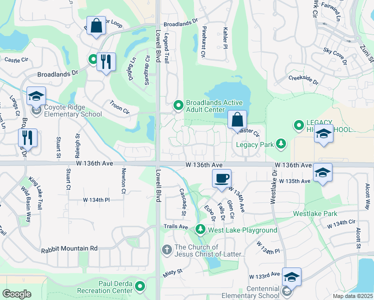 map of restaurants, bars, coffee shops, grocery stores, and more near 3330 Boulder Circle in Broomfield