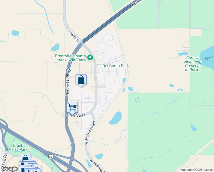 map of restaurants, bars, coffee shops, grocery stores, and more near 13630 Via Varra in Broomfield