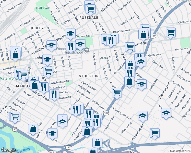 map of restaurants, bars, coffee shops, grocery stores, and more near 312 Burwood Avenue in Camden