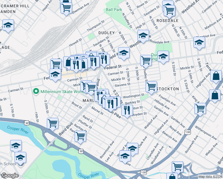 map of restaurants, bars, coffee shops, grocery stores, and more near 159 Eutaw Avenue in Camden