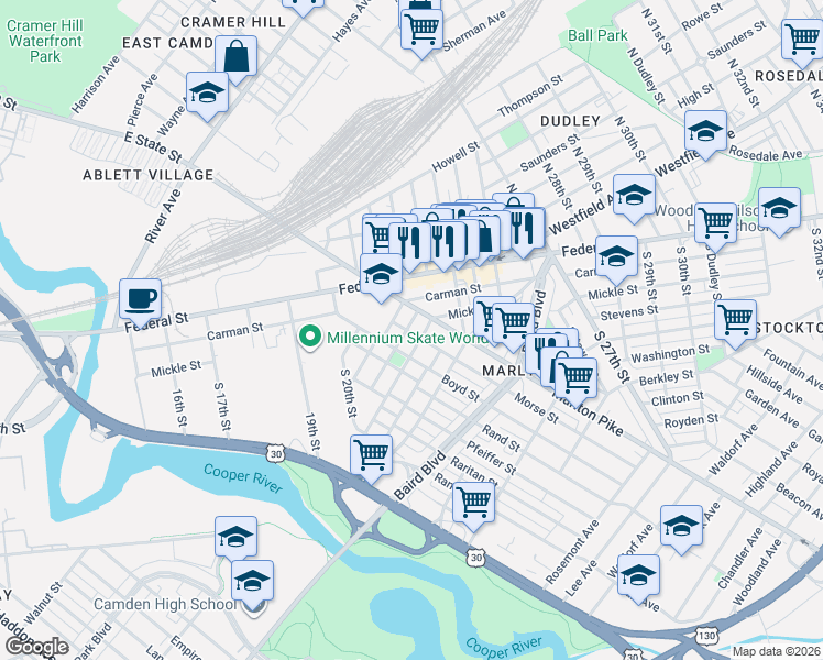 map of restaurants, bars, coffee shops, grocery stores, and more near 150 Boyd Street in Camden