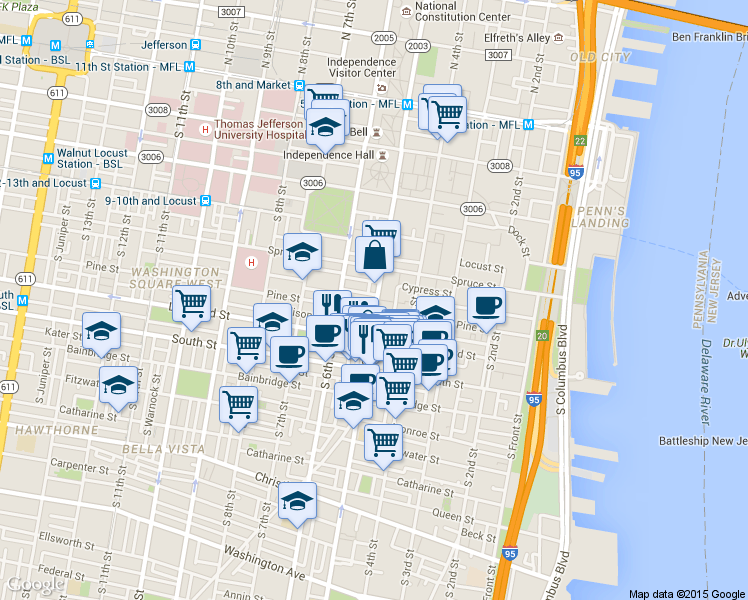 map of restaurants, bars, coffee shops, grocery stores, and more near in Philadelphia