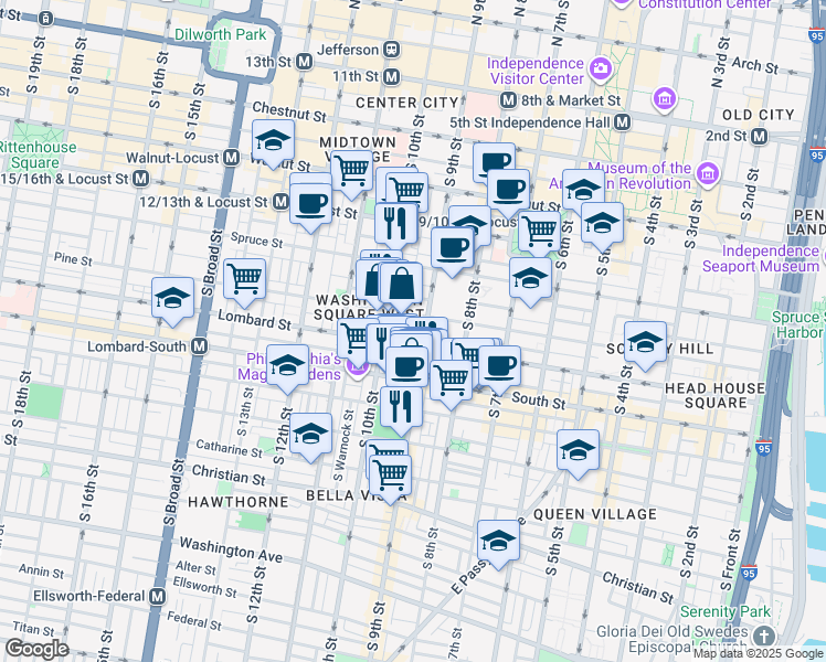 map of restaurants, bars, coffee shops, grocery stores, and more near 900 Lombard Street in Philadelphia