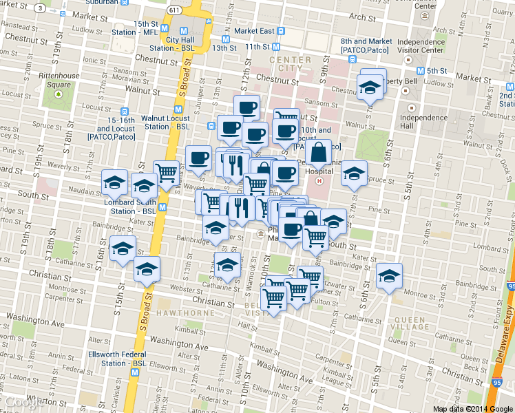 map of restaurants, bars, coffee shops, grocery stores, and more near 1000-42 Lombard Street in Philadelphia