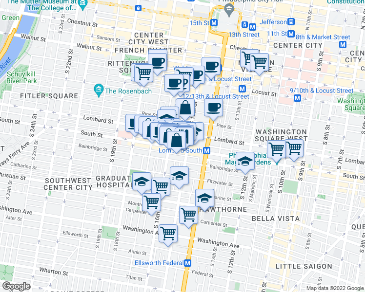map of restaurants, bars, coffee shops, grocery stores, and more near 1520-36 South Street in Philadelphia