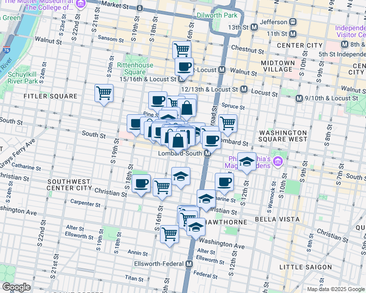 map of restaurants, bars, coffee shops, grocery stores, and more near 1520-36 South Street in Philadelphia