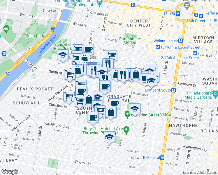 map of restaurants, bars, coffee shops, grocery stores, and more near 1939 Bainbridge Street in Philadelphia