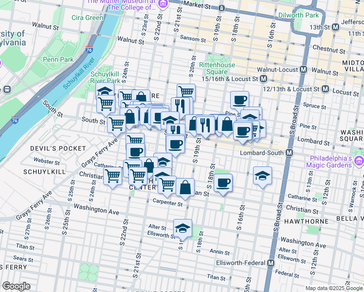 map of restaurants, bars, coffee shops, grocery stores, and more near 2004 Pemberton Street in Philadelphia