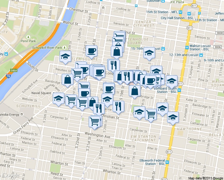 map of restaurants, bars, coffee shops, grocery stores, and more near 2004 Pemberton Street in Philadelphia
