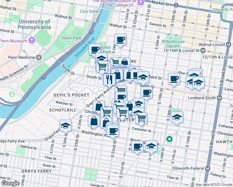 map of restaurants, bars, coffee shops, grocery stores, and more near 2230 Fitzwater Street in Philadelphia