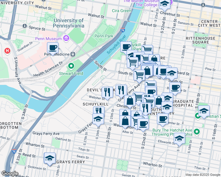 map of restaurants, bars, coffee shops, grocery stores, and more near 800 Admirals Way in Philadelphia