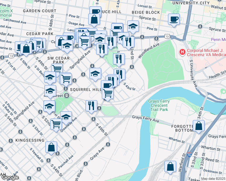 map of restaurants, bars, coffee shops, grocery stores, and more near 4620 Woodland Avenue in Philadelphia