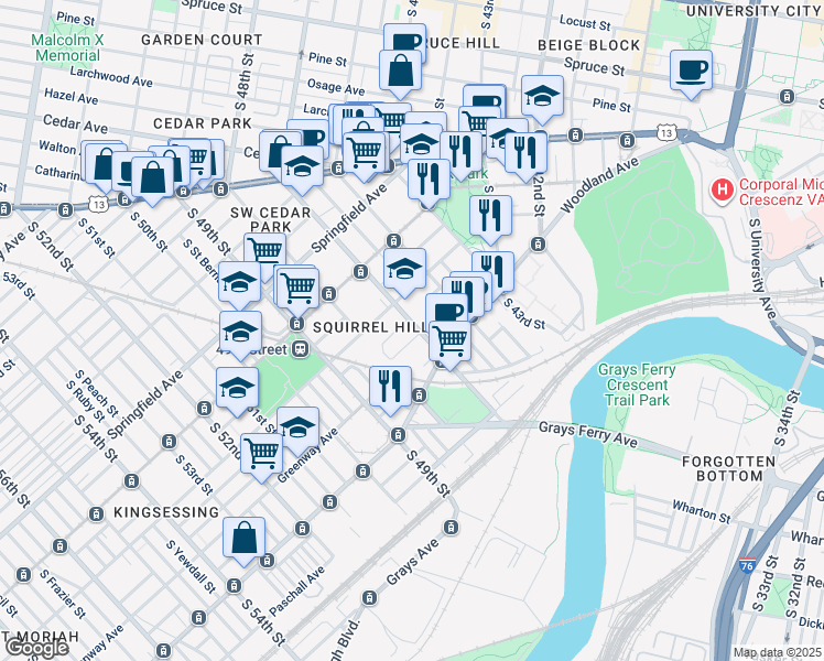 map of restaurants, bars, coffee shops, grocery stores, and more near 1242 South 47th Street in Philadelphia