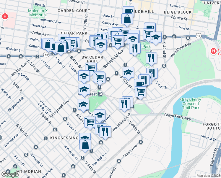 map of restaurants, bars, coffee shops, grocery stores, and more near 4816 Kingsessing Avenue in Philadelphia
