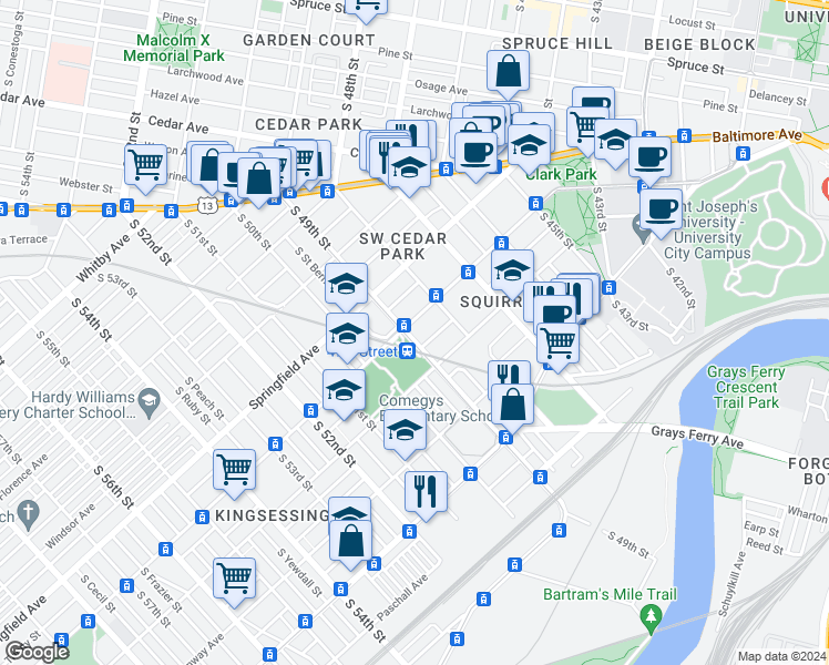map of restaurants, bars, coffee shops, grocery stores, and more near 4820 Chester Avenue in Philadelphia