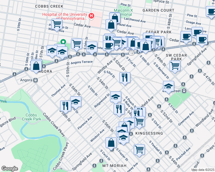 map of restaurants, bars, coffee shops, grocery stores, and more near 5407 Pentridge Street in Philadelphia