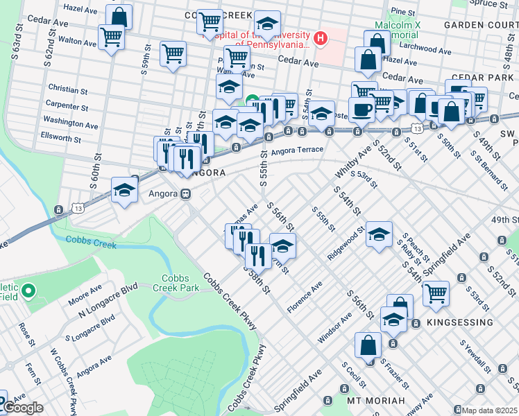 map of restaurants, bars, coffee shops, grocery stores, and more near 5634 Elliott Street in Philadelphia