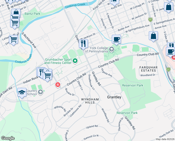 map of restaurants, bars, coffee shops, grocery stores, and more near 1000 Smallbrook Lane in York