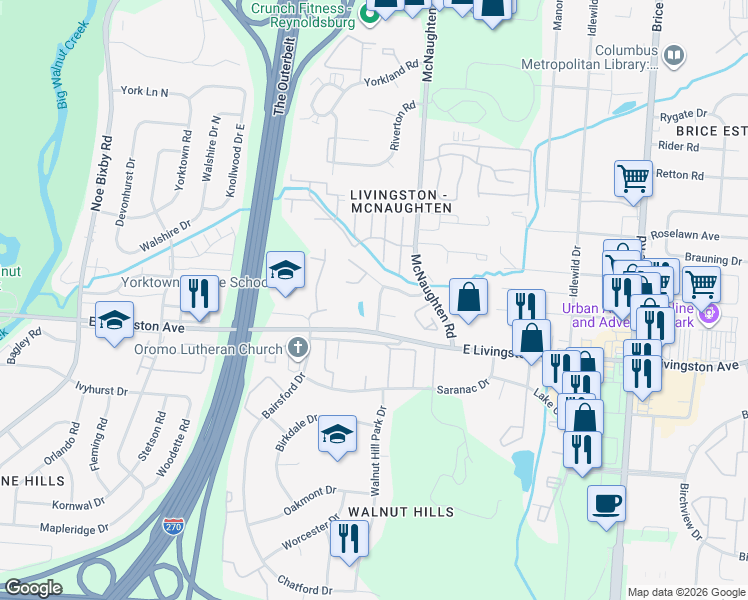 map of restaurants, bars, coffee shops, grocery stores, and more near 5943 Rock Glen Court in Columbus