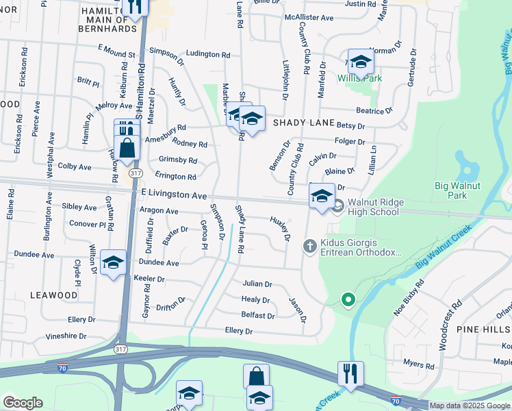 map of restaurants, bars, coffee shops, grocery stores, and more near 1569 Huxley Drive in Columbus