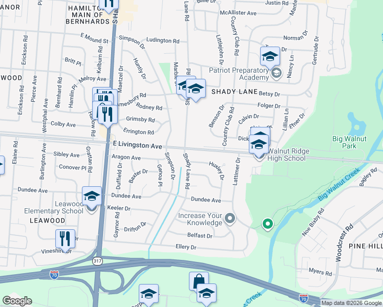 map of restaurants, bars, coffee shops, grocery stores, and more near 1569 Huxley Drive in Columbus