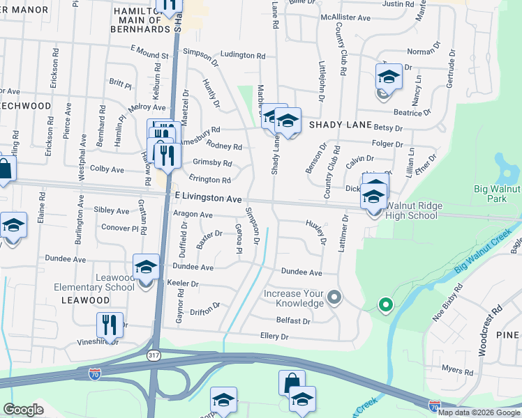 map of restaurants, bars, coffee shops, grocery stores, and more near 1572 Simpson Drive in Columbus