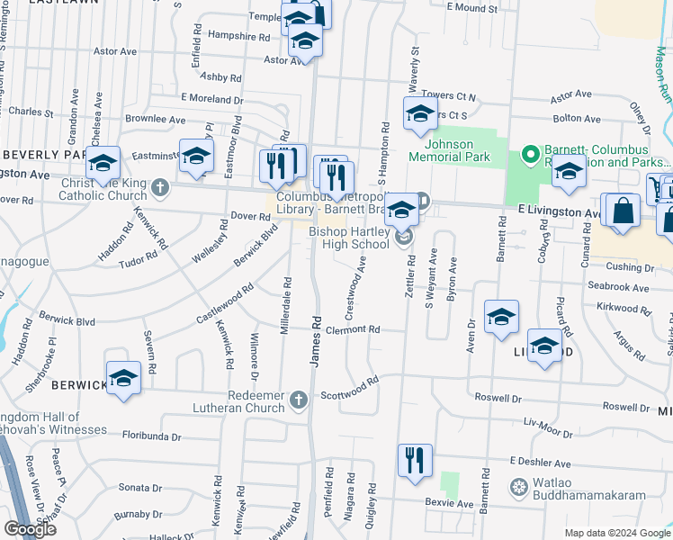 map of restaurants, bars, coffee shops, grocery stores, and more near 1353 Crestwood Avenue in Columbus