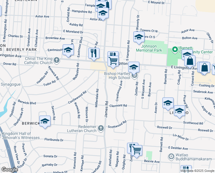 map of restaurants, bars, coffee shops, grocery stores, and more near 1345 South James Road in Columbus