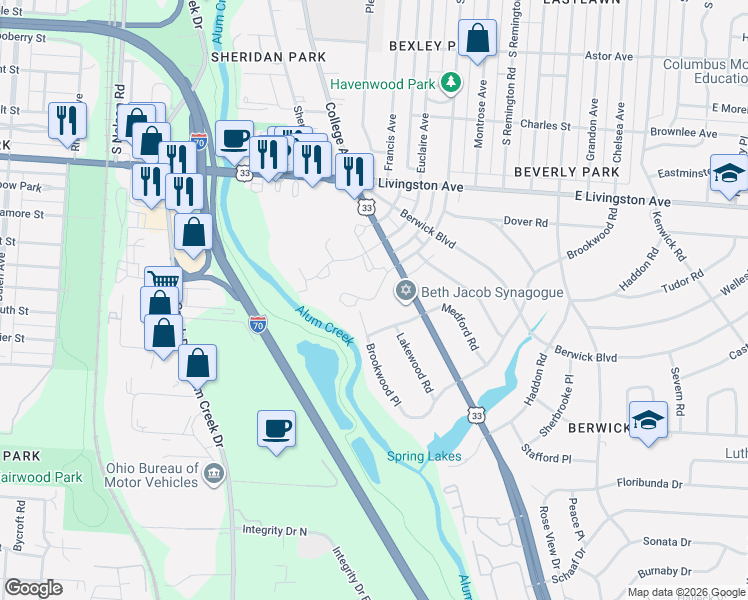map of restaurants, bars, coffee shops, grocery stores, and more near 1246 Brookwood Place in Columbus