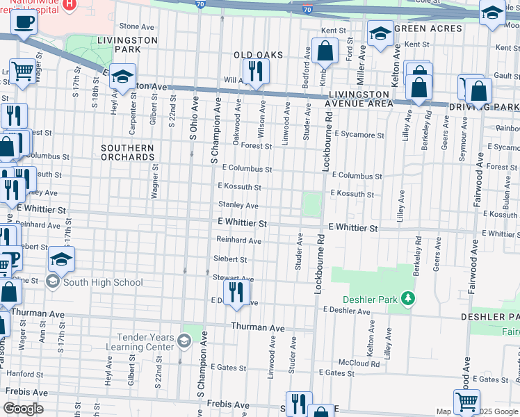 map of restaurants, bars, coffee shops, grocery stores, and more near 1073 Wilson Avenue in Columbus