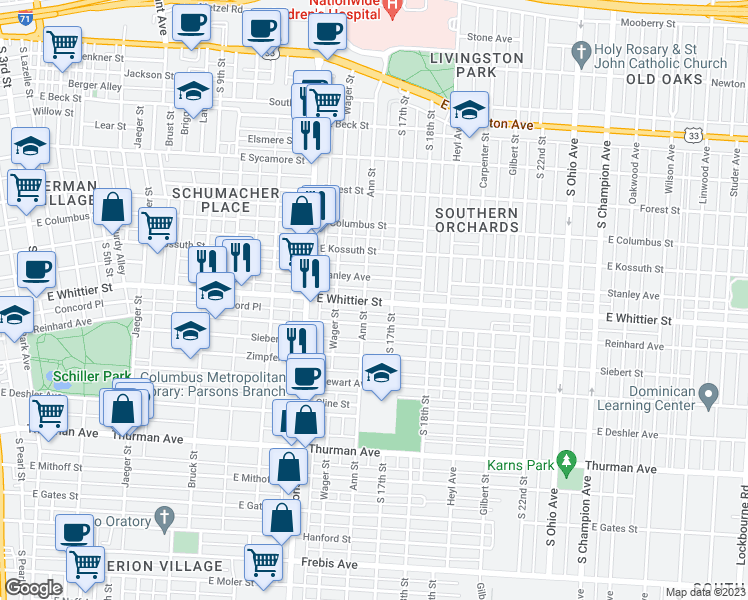 map of restaurants, bars, coffee shops, grocery stores, and more near 618 Reinhard Avenue in Columbus
