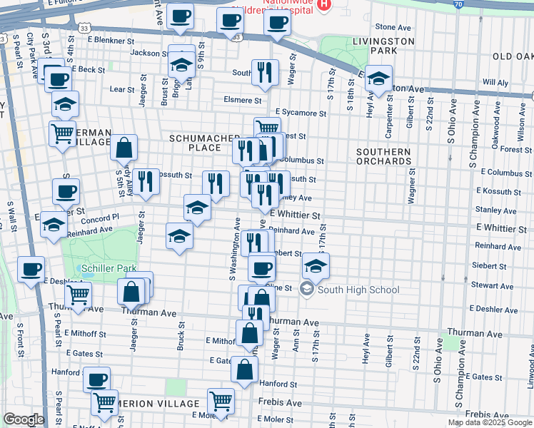 map of restaurants, bars, coffee shops, grocery stores, and more near 987 Parsons Avenue in Columbus