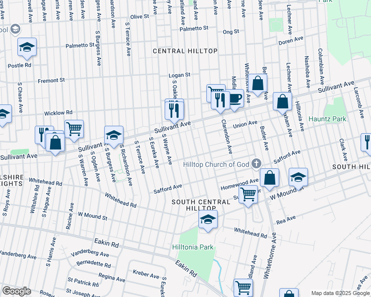 map of restaurants, bars, coffee shops, grocery stores, and more near 581 South Wheatland Avenue in Columbus