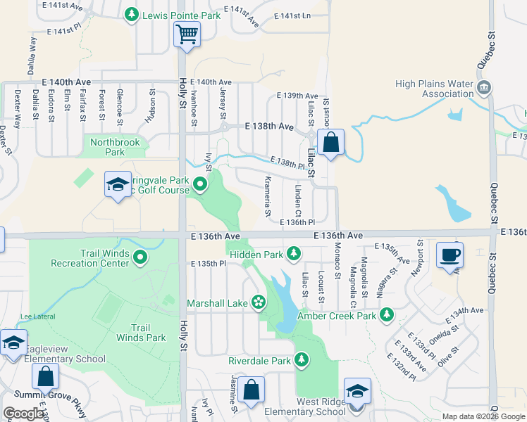 map of restaurants, bars, coffee shops, grocery stores, and more near 13637 Krameria Street in Thornton