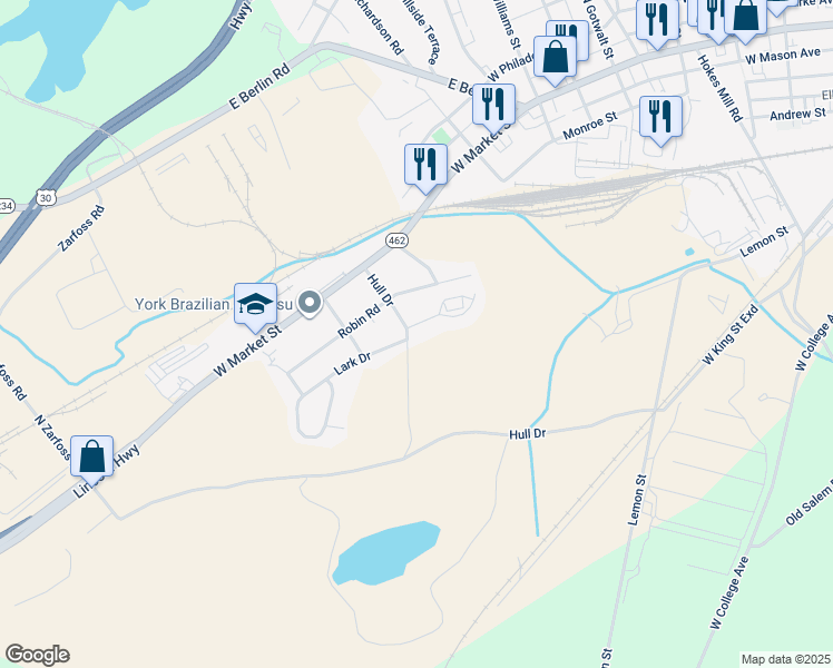 map of restaurants, bars, coffee shops, grocery stores, and more near 65 Lark Circle in York