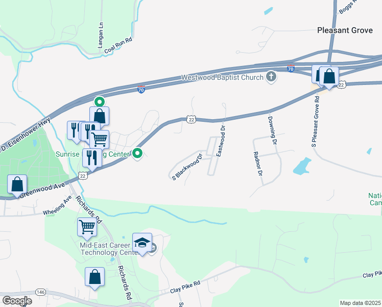 map of restaurants, bars, coffee shops, grocery stores, and more near 219 North Blackwood Drive in Zanesville