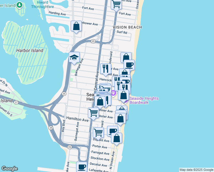 map of restaurants, bars, coffee shops, grocery stores, and more near 951 Ocean Boulevard in Seaside Heights