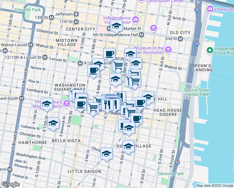 map of restaurants, bars, coffee shops, grocery stores, and more near 615 Pine Street in Philadelphia