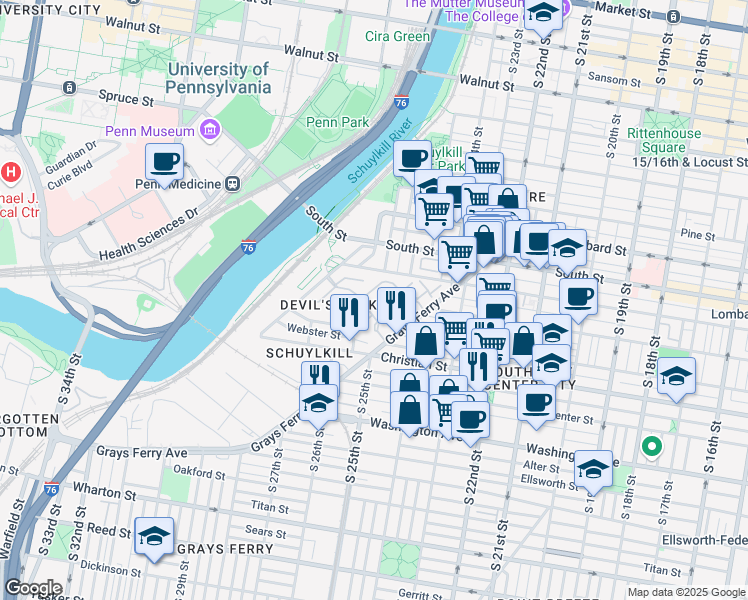 map of restaurants, bars, coffee shops, grocery stores, and more near 1 Academy Circle in Philadelphia