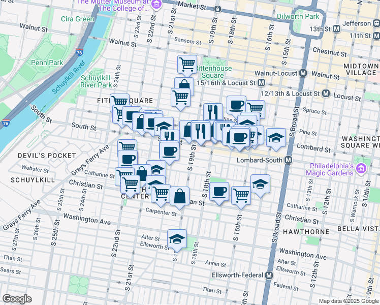 map of restaurants, bars, coffee shops, grocery stores, and more near 710 South 19th Street in Philadelphia