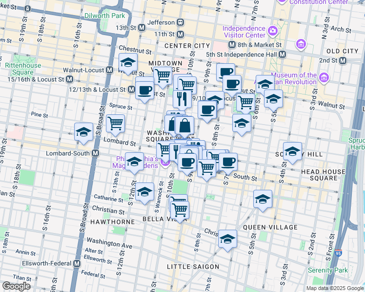map of restaurants, bars, coffee shops, grocery stores, and more near 416 South Hutchinson Street in Philadelphia