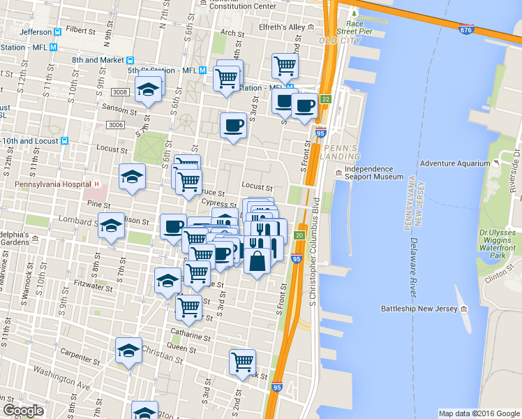 map of restaurants, bars, coffee shops, grocery stores, and more near 316 South 2nd Street in Philadelphia