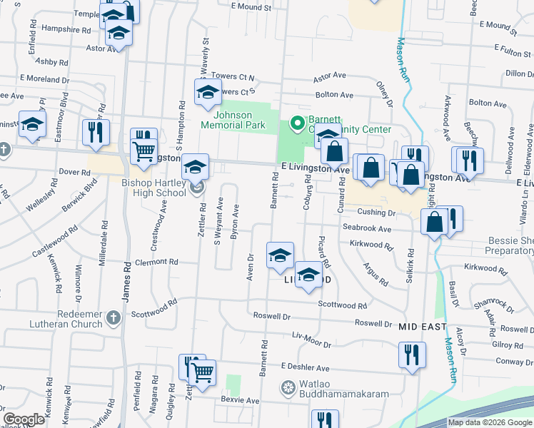 map of restaurants, bars, coffee shops, grocery stores, and more near 1383 Barnett Road in Columbus