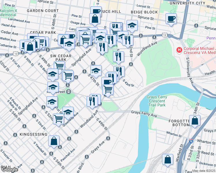 map of restaurants, bars, coffee shops, grocery stores, and more near 4619 Woodland Avenue in Philadelphia
